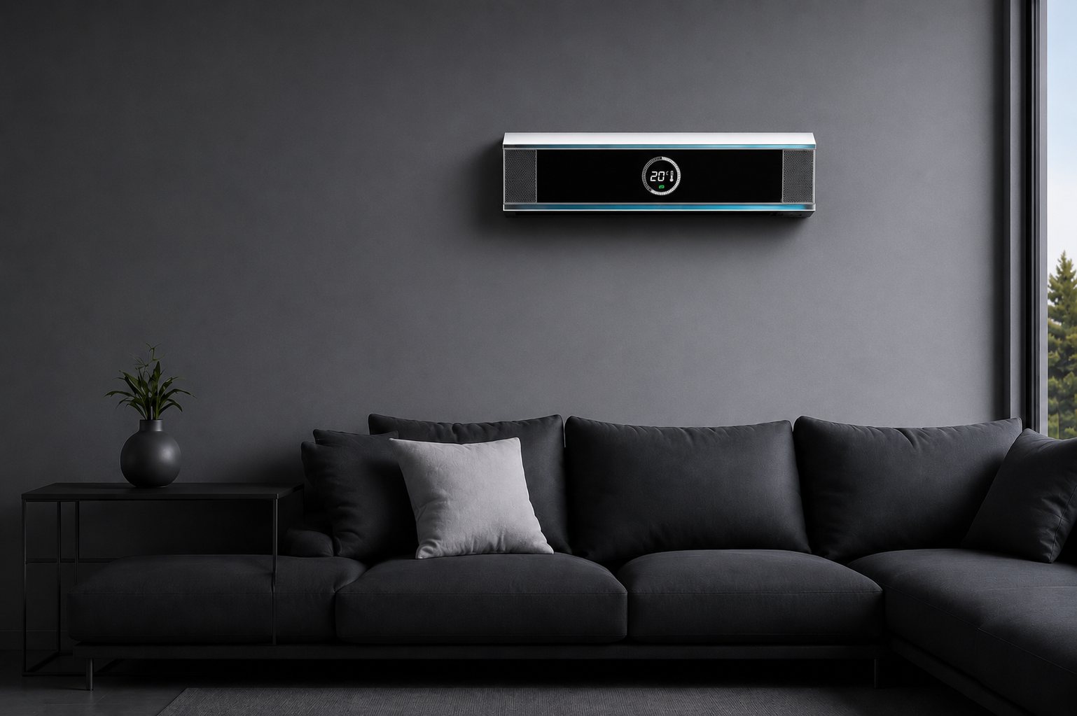 Spark.tech Aircon — connected heat pump indoor unit on a dark wall above a charcoal sofa in a modern living room
