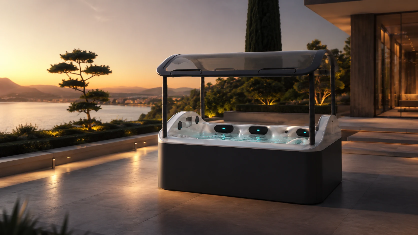 Spark.tech Jacuzzi — connected premium hot tub with integrated canopy on a villa terrace at sunset overlooking the lake
