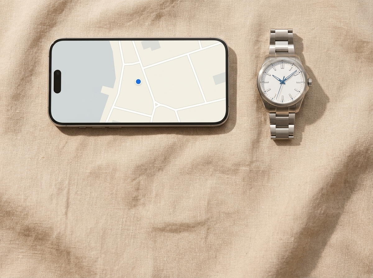 An iPhone showing the watch's live position on a map, beside a Swiss steel watch