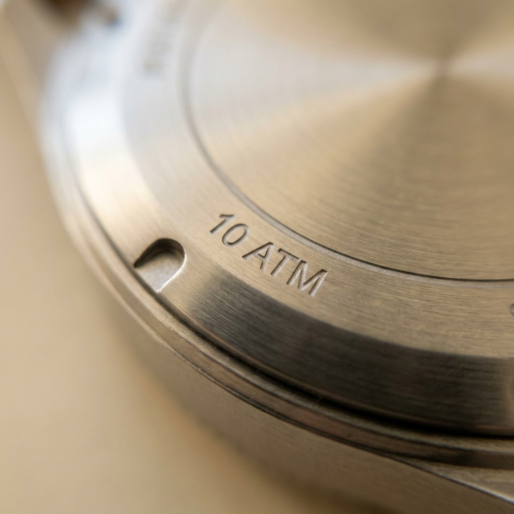 Macro of the case-back rim, 10 ATM engraving in focus