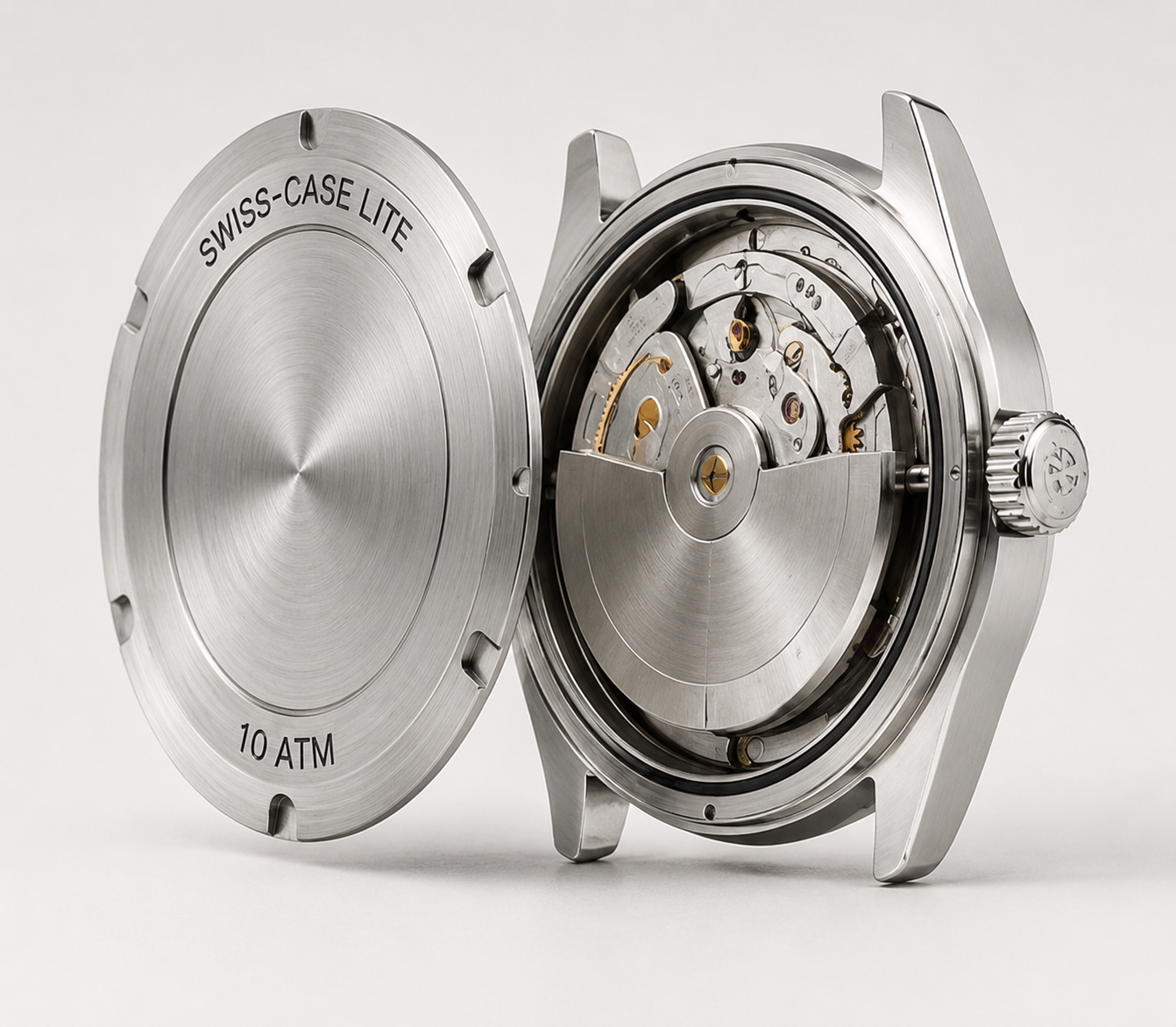 A luxury watch standing upright, its Swiss-case Lite case-back hinged open over the mechanical movement